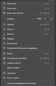 Przeglądarka Microsoft Edge - widok menu rozwijanego po kliknięciu przycisku "Ustawienia i nie tylko"
